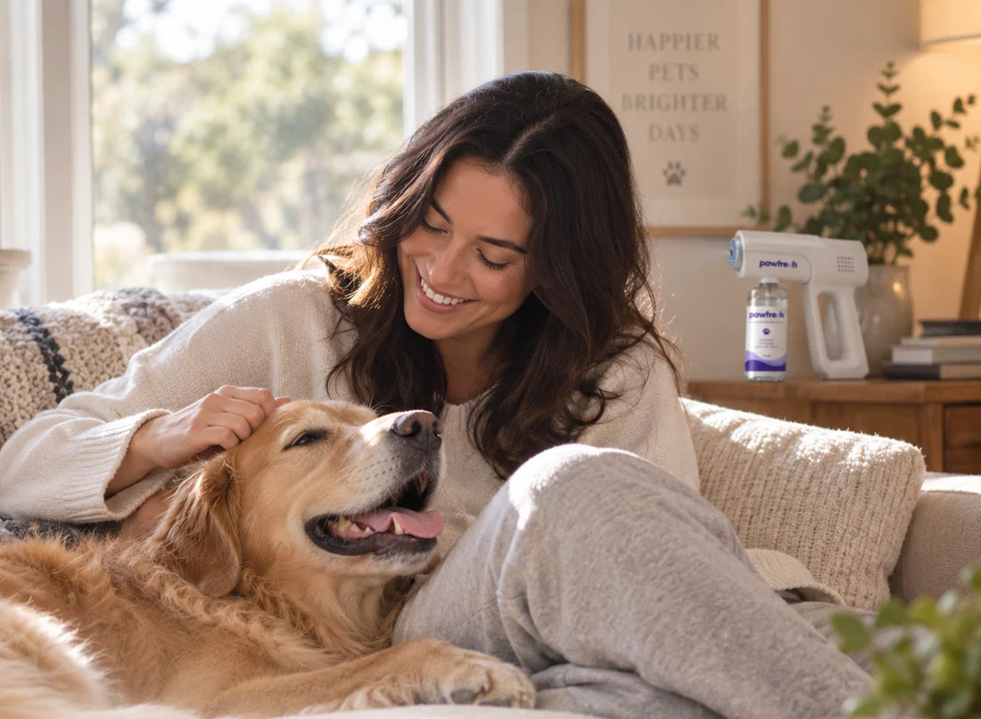A woman and her golden retriever relaxing on their sofa, with PawFresh on a side table