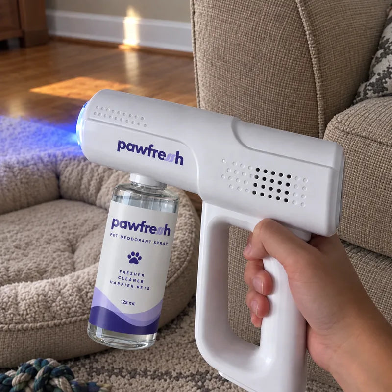 A PawFresh device in use, ActiveBeam blue light on, beside a dog bed