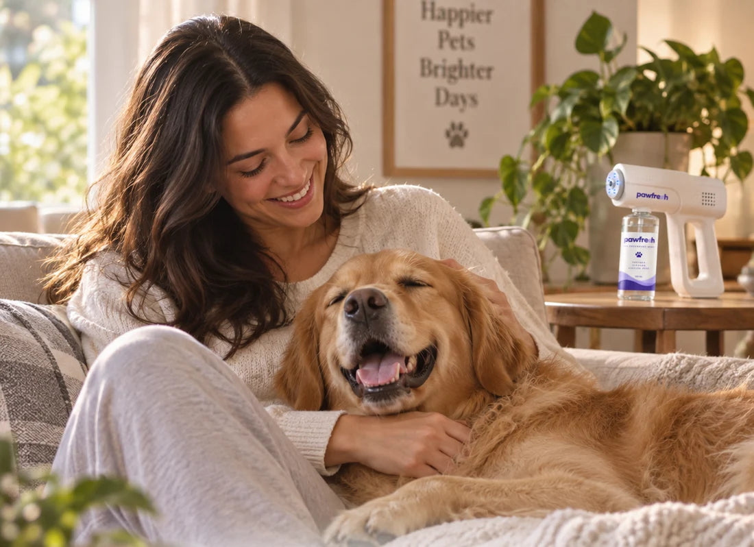 A pet parent relaxing on the sofa with her dog in a bright living room